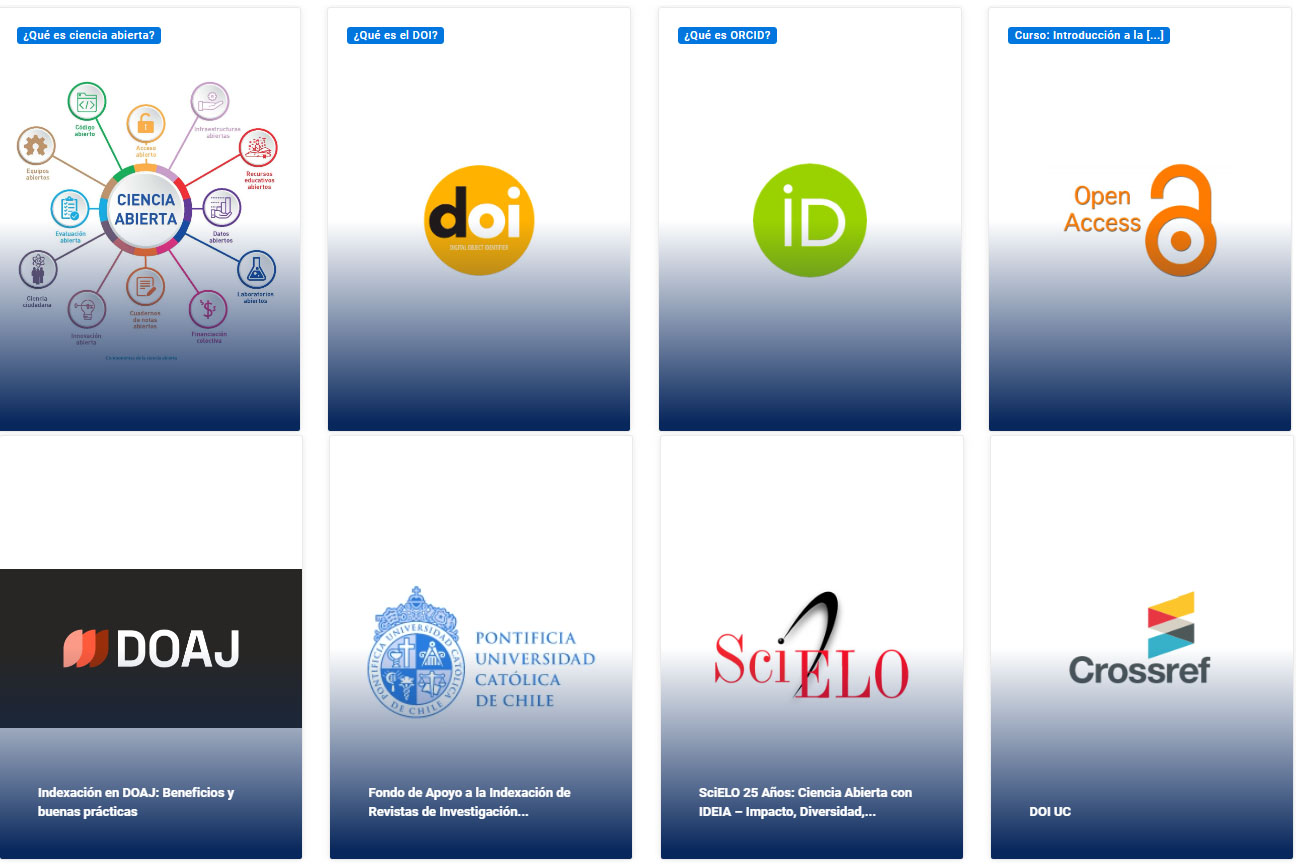 Pantallazo de sección de formación y recursos del portal de revistas con información relativa a Orcid, Scielo, OJS, etc.