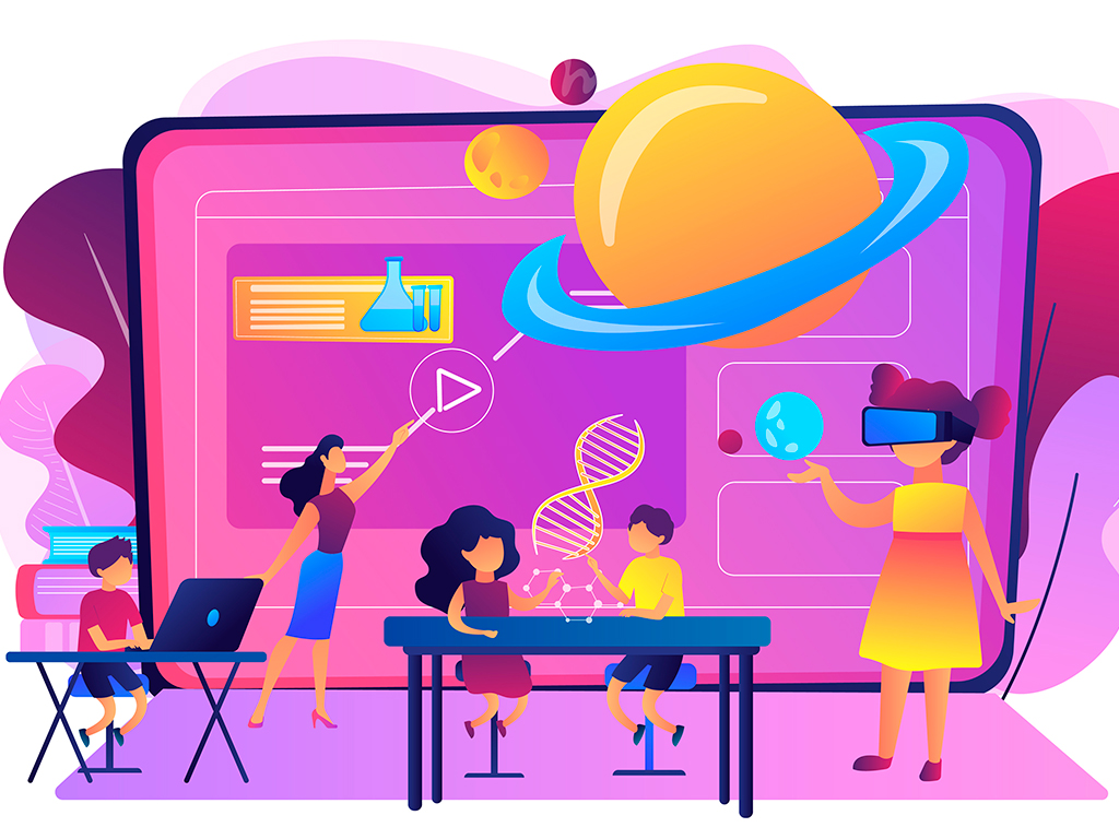 ilustración digital que representa una sala de clases futurista con niños pequeños estudian con equipos de alta tecnología.
